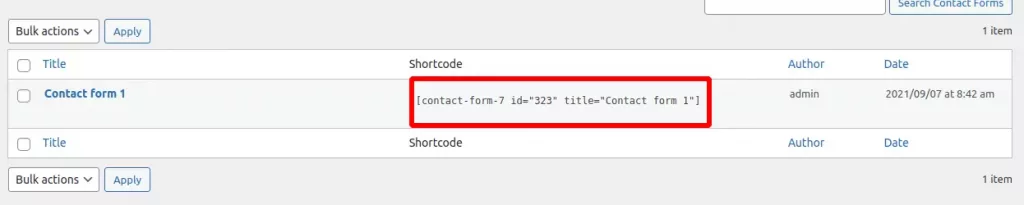 Shortcode of Contact form